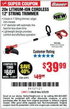 Harbor Freight Coupon 20V LITHIUM-ION CORDLESS 12" STRING TRIMMER Lot No. 64995 Expired: 3/22/20 - $39.99
