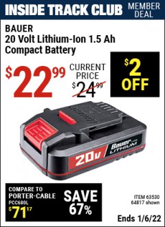 Harbor Freight ITC Coupon 20V LITHIUM-ION CORDLESS 1.5AMP HOUR BATTERY Lot No. 63530/64817 Expired: 1/6/22 - $22.99