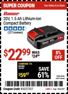 Harbor Freight Coupon 20V LITHIUM-ION CORDLESS 1.5AMP HOUR BATTERY Lot No. 63530/64817 Expired: 10/2/22 - $22.99