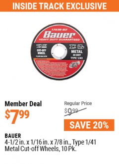 Harbor Freight ITC Coupon 4-1/2" 40 GRIT METAL CUT-OFF WHEEL PACK OF 10 Lot No. 64024 Expired: 7/29/21 - $7.99