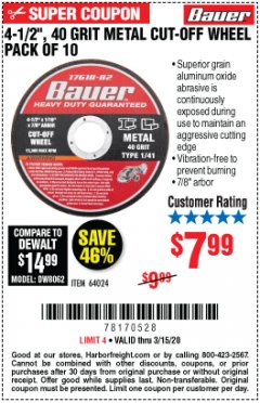 Harbor Freight Coupon 4-1/2" 40 GRIT METAL CUT-OFF WHEEL PACK OF 10 Lot No. 64024 Expired: 3/15/20 - $7.99