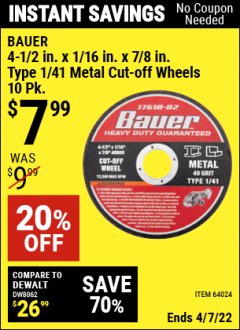 Harbor Freight Coupon 4-1/2" 40 GRIT METAL CUT-OFF WHEEL PACK OF 10 Lot No. 64024 Expired: 4/7/22 - $7.99