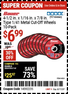 Harbor Freight Coupon 4-1/2" 40 GRIT METAL CUT-OFF WHEEL PACK OF 10 Lot No. 64024 Expired: 8/17/23 - $6.99