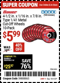 Harbor Freight Coupon 4-1/2" 40 GRIT METAL CUT-OFF WHEEL PACK OF 10 Lot No. 64024 Expired: 10/1/23 - $5.99