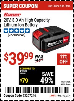 Harbor Freight Coupon 20V LITHIUM-ION CORDLESS 3AMP HOUR BATTERY Lot No. 63631/64816 Valid Thru: 10/2/22 - $39.99