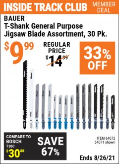 Harbor Freight ITC Coupon T-SHANK ALL PURPOSE JIGSAW BLADE ASSORTMENT PACK OF 30 Lot No. 64072/64071 Expired: 8/26/21 - $9.99