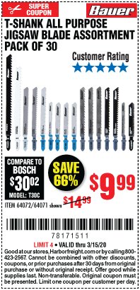 Harbor Freight Coupon T-SHANK ALL PURPOSE JIGSAW BLADE ASSORTMENT PACK OF 30 Lot No. 64072/64071 Expired: 3/15/20 - $9.99