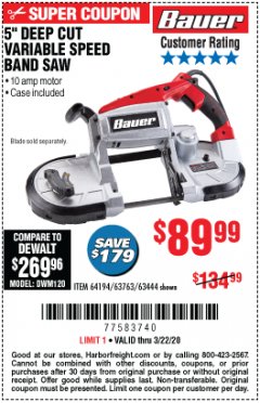 Harbor Freight Coupon 5" DEEP CUT BANDSAW Lot No. 64194 Expired: 3/22/20 - $89.99