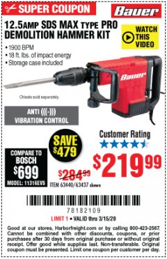 Harbor Freight Coupon 12.5 AMP SDS MAX DEMOLITION HAMMER Lot No. 63440 Expired: 3/15/20 - $219.99