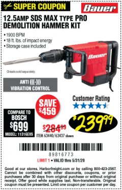 Harbor Freight Coupon 12.5 AMP SDS MAX DEMOLITION HAMMER Lot No. 63440 Expired: 6/30/20 - $239.99