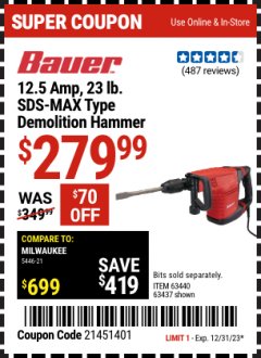 Harbor Freight Coupon 12.5 AMP SDS MAX DEMOLITION HAMMER Lot No. 63440 Expired: 12/31/23 - $279.99