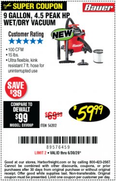 Harbor Freight Coupon 9 GALLON 4.5HP WET/DRY VACUUM Lot No. 56202 Expired: 6/30/20 - $59.99