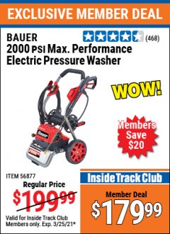 Harbor Freight ITC Coupon BAUER 2000 PSI ELECTRIC PRESSURE WASHER Lot No. 56877 Expired: 3/25/21 - $179.99