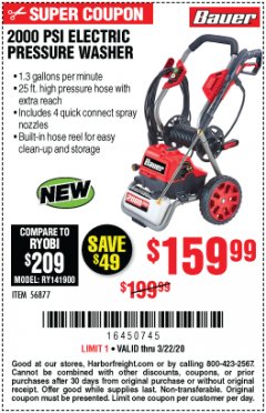 Harbor Freight Coupon 2000 PSI ELECTRIC PRESSURE WASHER Lot No. 56877 Expired: 3/22/20 - $159.99