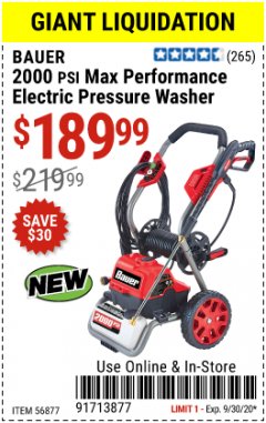 Harbor Freight Coupon BAUER 2000 PSI ELECTRIC PRESSURE WASHER Lot No. 56877 Expired: 9/30/20 - $189.99