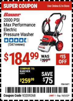 Harbor Freight Coupon BAUER 2000 PSI ELECTRIC PRESSURE WASHER Lot No. 56877 Expired: 10/2/22 - $184.99