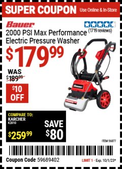Harbor Freight Coupon BAUER 2000 PSI ELECTRIC PRESSURE WASHER Lot No. 56877 Expired: 10/1/23 - $179.99