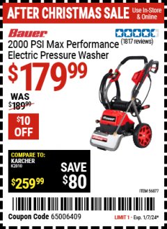Harbor Freight Coupon BAUER 2000 PSI ELECTRIC PRESSURE WASHER Lot No. 56877 Expired: 1/7/24 - $179.99