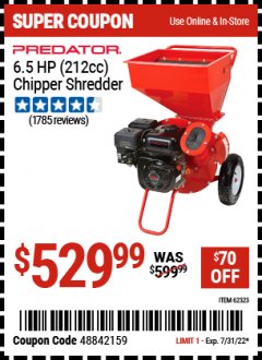 Harbor Freight Coupon CHIPPER/SHREDDER WITH 6.5 HP GAS ENGINE Lot No. 62323 Expired: 7/31/22 - $529.99