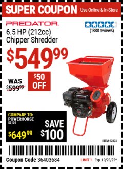 Harbor Freight Coupon CHIPPER/SHREDDER WITH 6.5 HP GAS ENGINE Lot No. 62323 Expired: 10/23/22 - $549.99