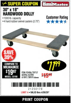 Harbor Freight Coupon 30"X18" 1000LB HARDWOOD DOLLY Lot No. 92486/39757/60496/62398/61897/38970 Expired: 6/30/20 - $11.99