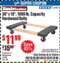 Harbor Freight Coupon 30"X18" 1000LB HARDWOOD DOLLY Lot No. 92486/39757/60496/62398/61897/38970 Expired: 12/15/20 - $11.99