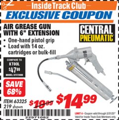Harbor Freight ITC Coupon AIR GREASE GUN WITH 6" EXTENSION Lot No. 63325, 219 Expired: 3/31/20 - $14.99