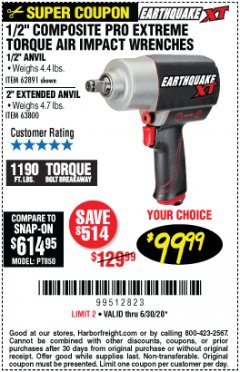 Harbor Freight Coupon 1/2" COMPOSITE PRO EXTREME TORQUE IMPACT WRENCHES Lot No. 62891/63800 Expired: 6/30/20 - $99.99