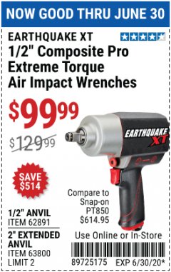 Harbor Freight Coupon 1/2" COMPOSITE PRO EXTREME TORQUE IMPACT WRENCHES Lot No. 62891/63800 Expired: 6/30/20 - $99.99