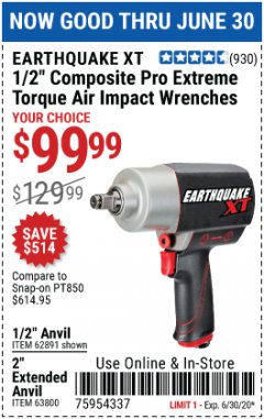 Harbor Freight Coupon 1/2" COMPOSITE PRO EXTREME TORQUE IMPACT WRENCHES Lot No. 62891/63800 Expired: 6/30/20 - $99.99