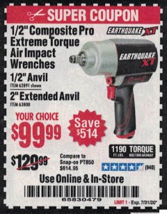 Harbor Freight Coupon 1/2" COMPOSITE PRO EXTREME TORQUE IMPACT WRENCHES Lot No. 62891/63800 Expired: 7/31/20 - $99.99