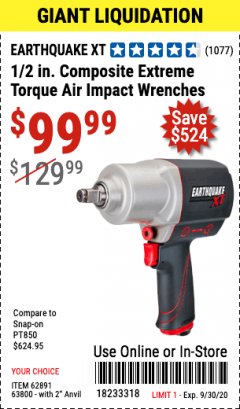 Harbor Freight Coupon 1/2" COMPOSITE PRO EXTREME TORQUE IMPACT WRENCHES Lot No. 62891/63800 Expired: 9/30/20 - $99.99