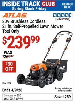 Harbor Freight ITC Coupon ATLAS 80V BRUSHLESS CORDLESS, 21 IN. SELF-PROPELLED LAWN MOWER Lot No. 56992 Expired: 4/9/26 - $239.99