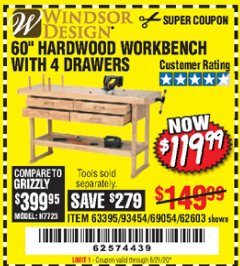 Harbor Freight Coupon 60" HARDWOOD WORKBENCH WITH 4 DRAWERS Lot No. 63395/93454/69054/62603 Expired: 6/21/20 - $119.99