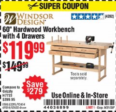 Harbor Freight Coupon 60" HARDWOOD WORKBENCH WITH 4 DRAWERS Lot No. 63395/93454/69054/62603 Expired: 9/21/20 - $119.99