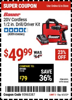 Harbor Freight Coupon 20V LITHIUM-ION CORDLESS 1/2" COMPACT DRILL/DRIVER KIT Lot No. 64754/63531 Expired: 6/2/22 - $49.99