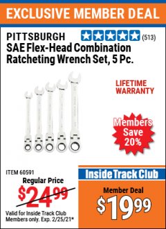 Harbor Freight ITC Coupon 5 PIECE FLEX-HEAD COMBINATION RATCHETING WRENCH SETS Lot No. 60591/61657/61710/60592 Expired: 2/25/21 - $19.99
