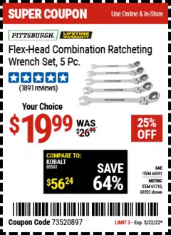 Harbor Freight Coupon 5 PIECE FLEX-HEAD COMBINATION RATCHETING WRENCH SETS Lot No. 60591/61657/61710/60592 Expired: 5/22/22 - $19.99