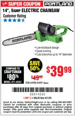 Harbor Freight Coupon 14", 9 AMP ELECTRIC CHAINSAW Lot No. 64498/64497 Expired: 6/30/20 - $39.99