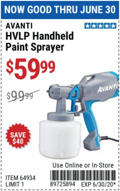 Harbor Freight Coupon HVLP HANDHELD PAINT SPRAYER Lot No. 64934 Expired: 6/30/20 - $59.99