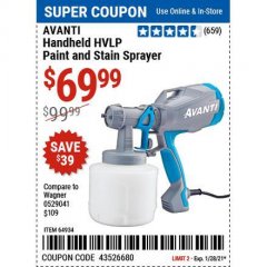 Harbor Freight Coupon HVLP HANDHELD PAINT SPRAYER Lot No. 64934 Expired: 1/28/21 - $69.99