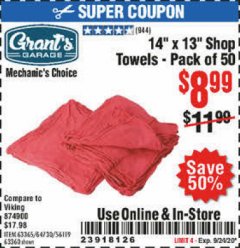 Harbor Freight Coupon 14" X 13" SHOP TOWELS PACK OF 50 Lot No. 63365/64730/56119/63360 Expired: 9/24/20 - $8.99