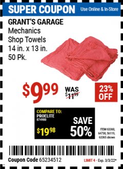 Harbor Freight Coupon 14" X 13" SHOP TOWELS PACK OF 50 Lot No. 63365/64730/56119/63360 Expired: 3/3/22 - $9.99
