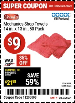 Harbor Freight Coupon 14" X 13" SHOP TOWELS PACK OF 50 Lot No. 63365/64730/56119/63360 EXPIRES: 3/26/23 - $9