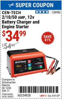 Harbor Freight Coupon 2/10/50 AMP, 12V BATTERY CHARGER AND ENGINE STARTER Lot No. 60581/60653/3418 Expired: 8/31/20 - $34.99