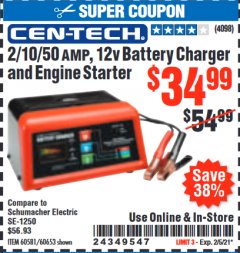 Harbor Freight Coupon 2/10/50 AMP, 12V BATTERY CHARGER AND ENGINE STARTER Lot No. 60581/60653/3418 Expired: 2/5/21 - $34.99