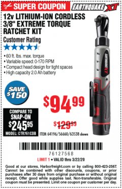 Harbor Freight Coupon 12V LITHIUM-ION CORDLESS 3/8" EXTREME TORQUE RATCHET KIT Lot No. 64196/56660/63538 Expired: 3/22/20 - $94.99