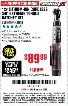 Harbor Freight Coupon 12V LITHIUM-ION CORDLESS 3/8" EXTREME TORQUE RATCHET KIT Lot No. 64196/56660/63538 Expired: 6/30/20 - $89.99