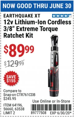 Harbor Freight Coupon 12V LITHIUM-ION CORDLESS 3/8" EXTREME TORQUE RATCHET KIT Lot No. 64196/56660/63538 Expired: 6/30/20 - $89.99