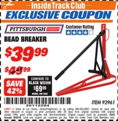 Harbor Freight ITC Coupon BEAD BREAKER Lot No. 92961 Expired: 9/30/18 - $39.99